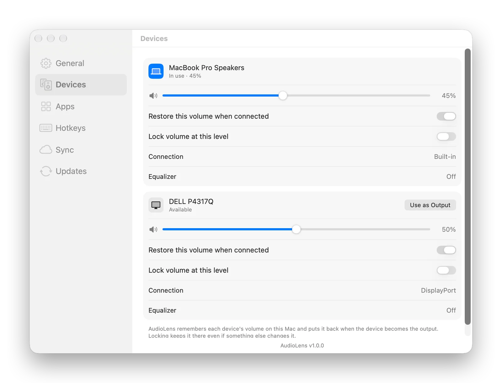 AudioLens Settings, Devices
