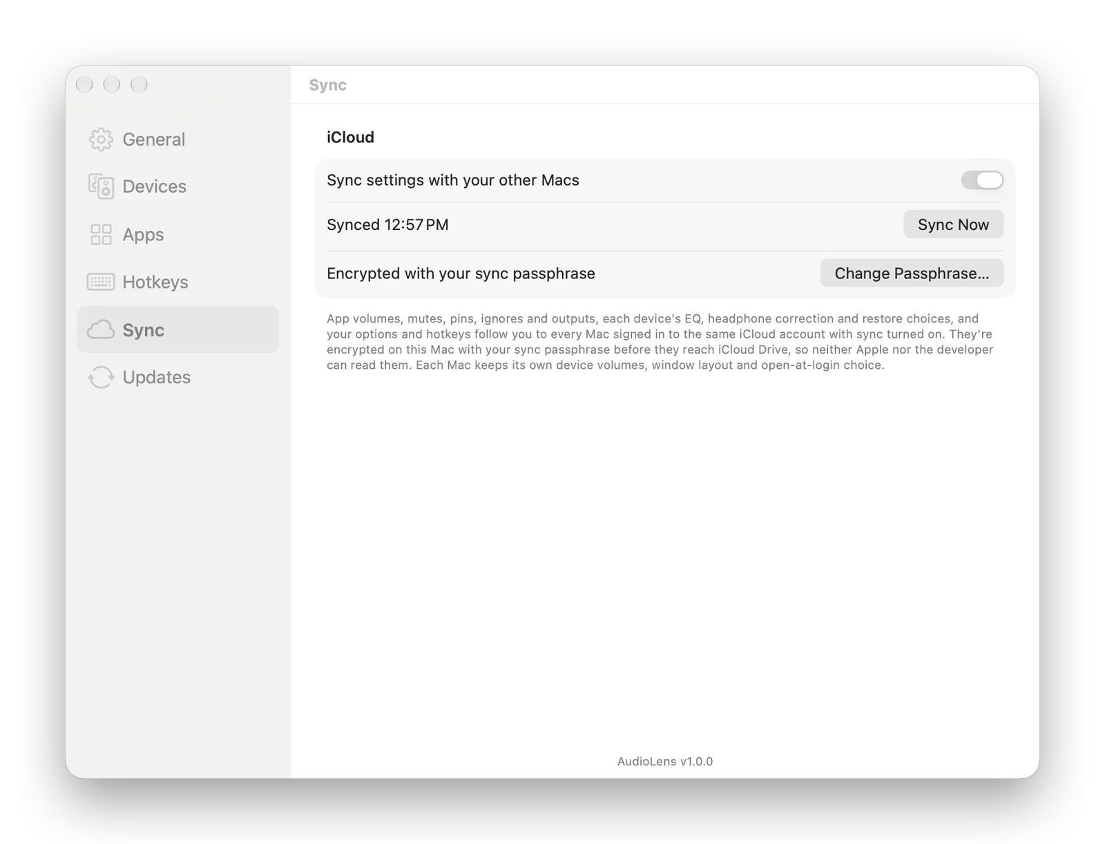 AudioLens Settings, Sync