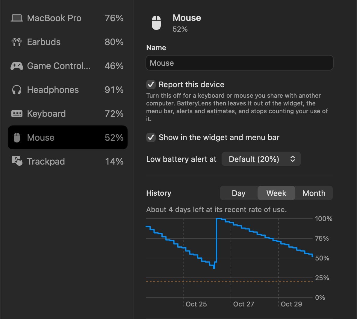 BatteryLens Settings with a battery history chart