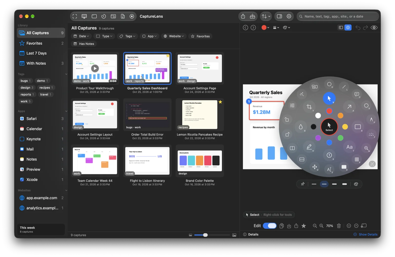 The markup tools as a radial dial, pinned open, over a capture
