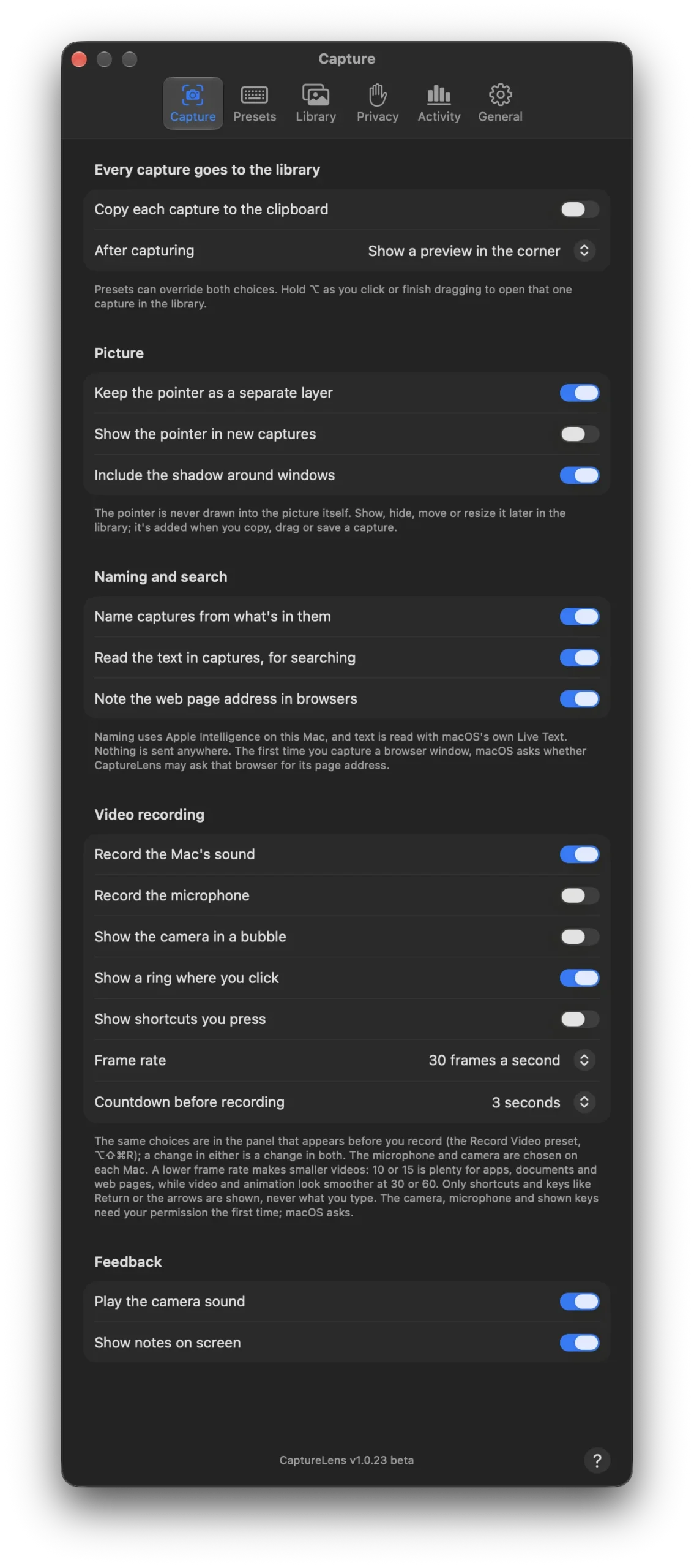 CaptureLens Settings, Capture
