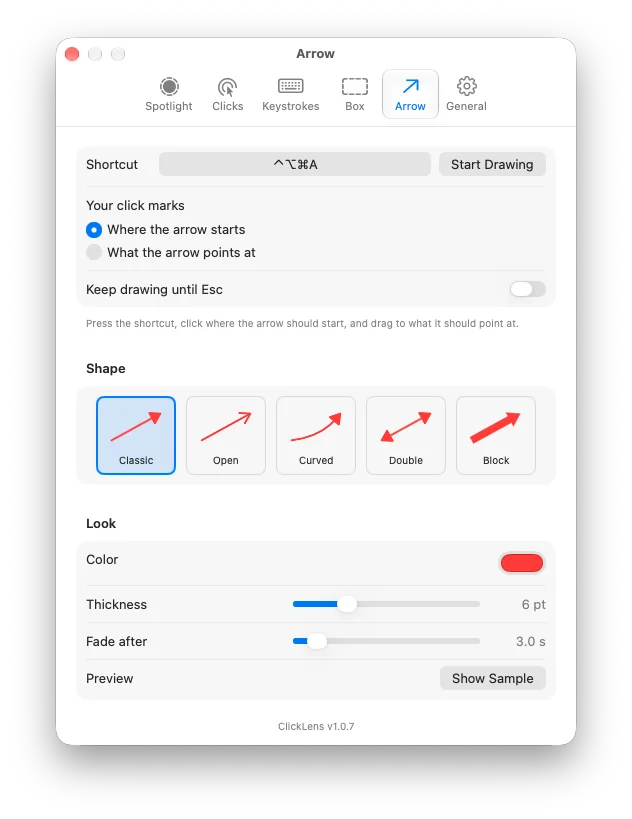 ClickLens Settings window on the Arrow tab, with the click choice, five arrow shapes, color, thickness and fade time