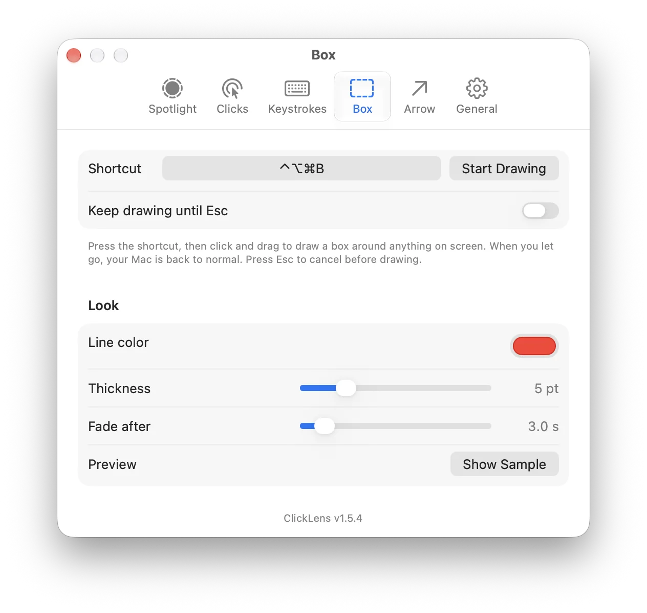 ClickLens Settings on the Box tab, with tabs for Spotlight, Clicks, Keystrokes, Box, Arrow and General