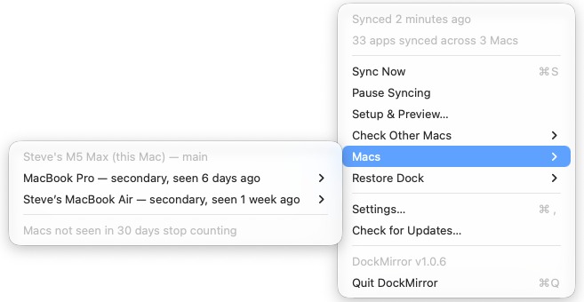 The DockMirror menu with its Macs submenu listing three Macs and their roles