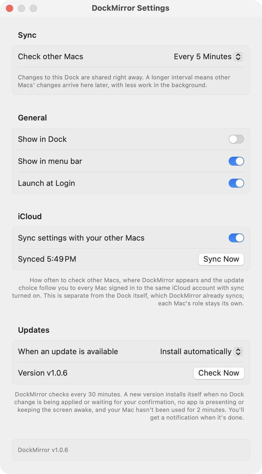 DockMirror Settings with the sync interval, where DockMirror appears, iCloud settings sync and the update choice