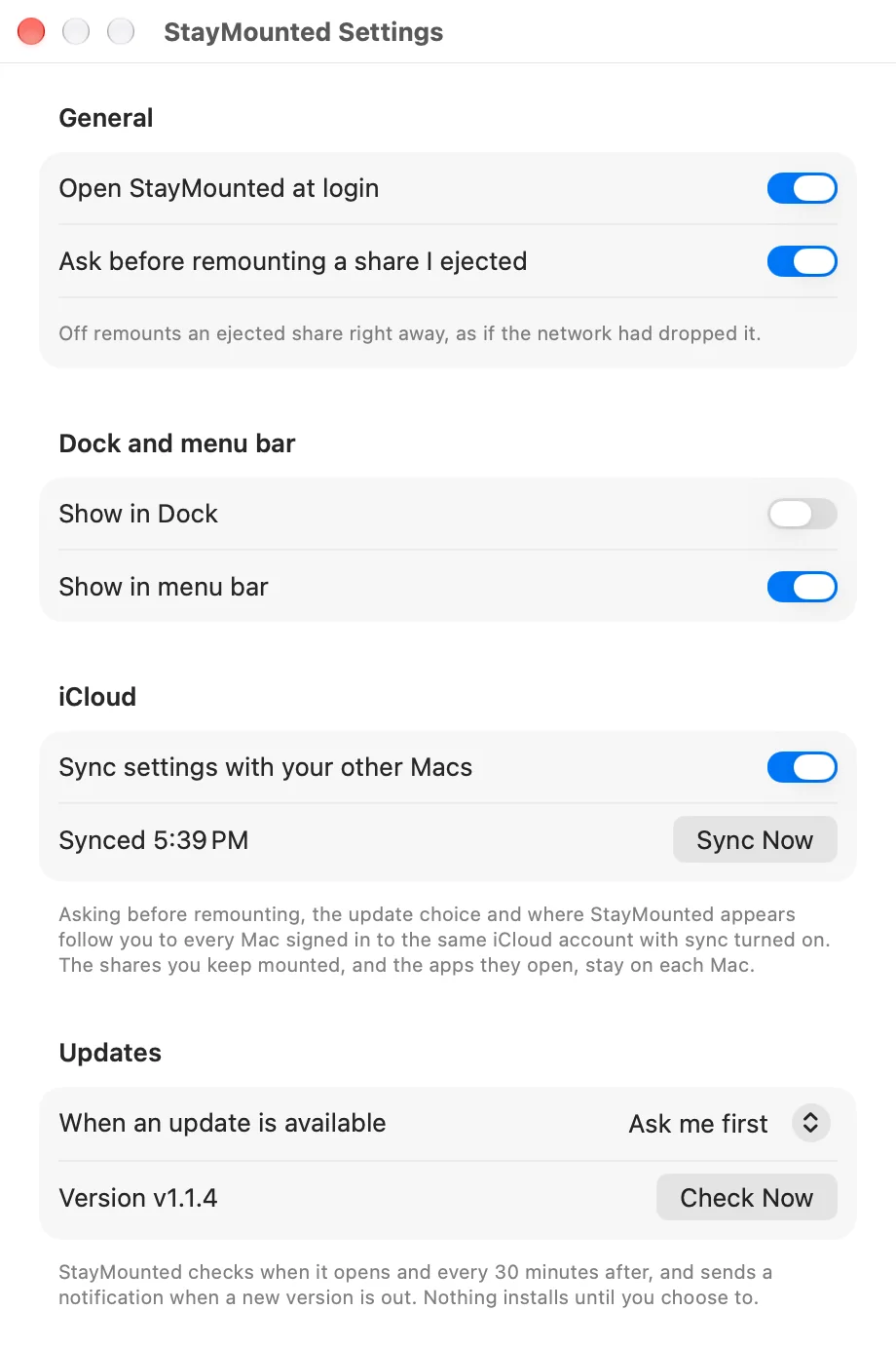 StayMounted Settings window with General, Dock and menu bar, iCloud and Updates sections, including the When an update is available choice and a Check Now button