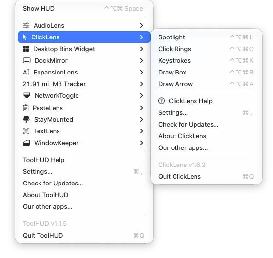 ToolHUD's menu bar menu with each app as a submenu, and ClickLens's submenu open