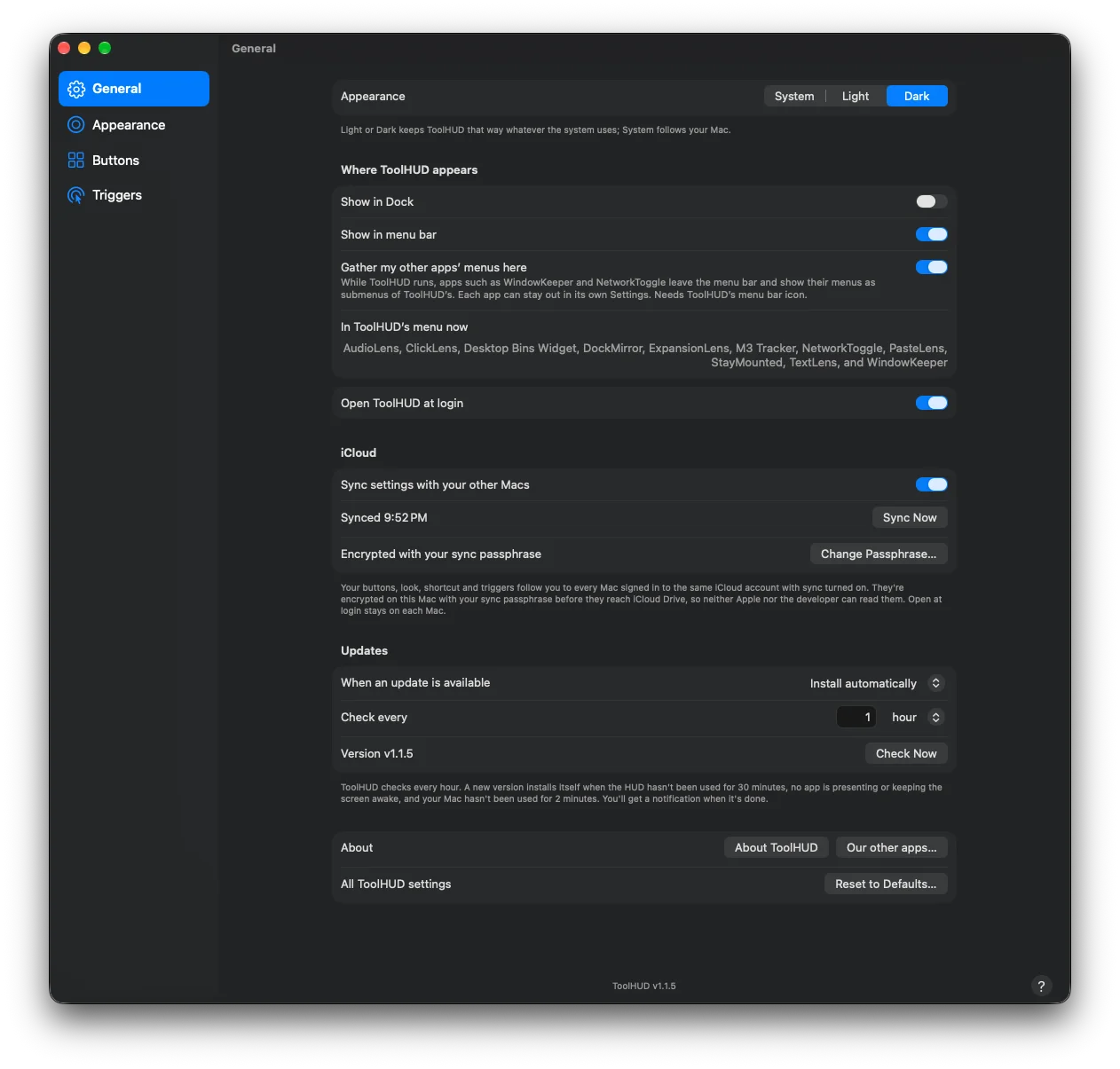 ToolHUD Settings, General, with Gather my other apps' menus here turned on