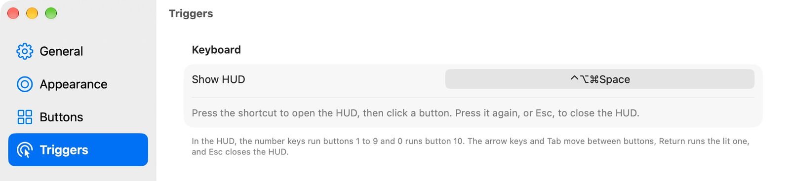 ToolHUD Settings, Triggers: the keyboard shortcut