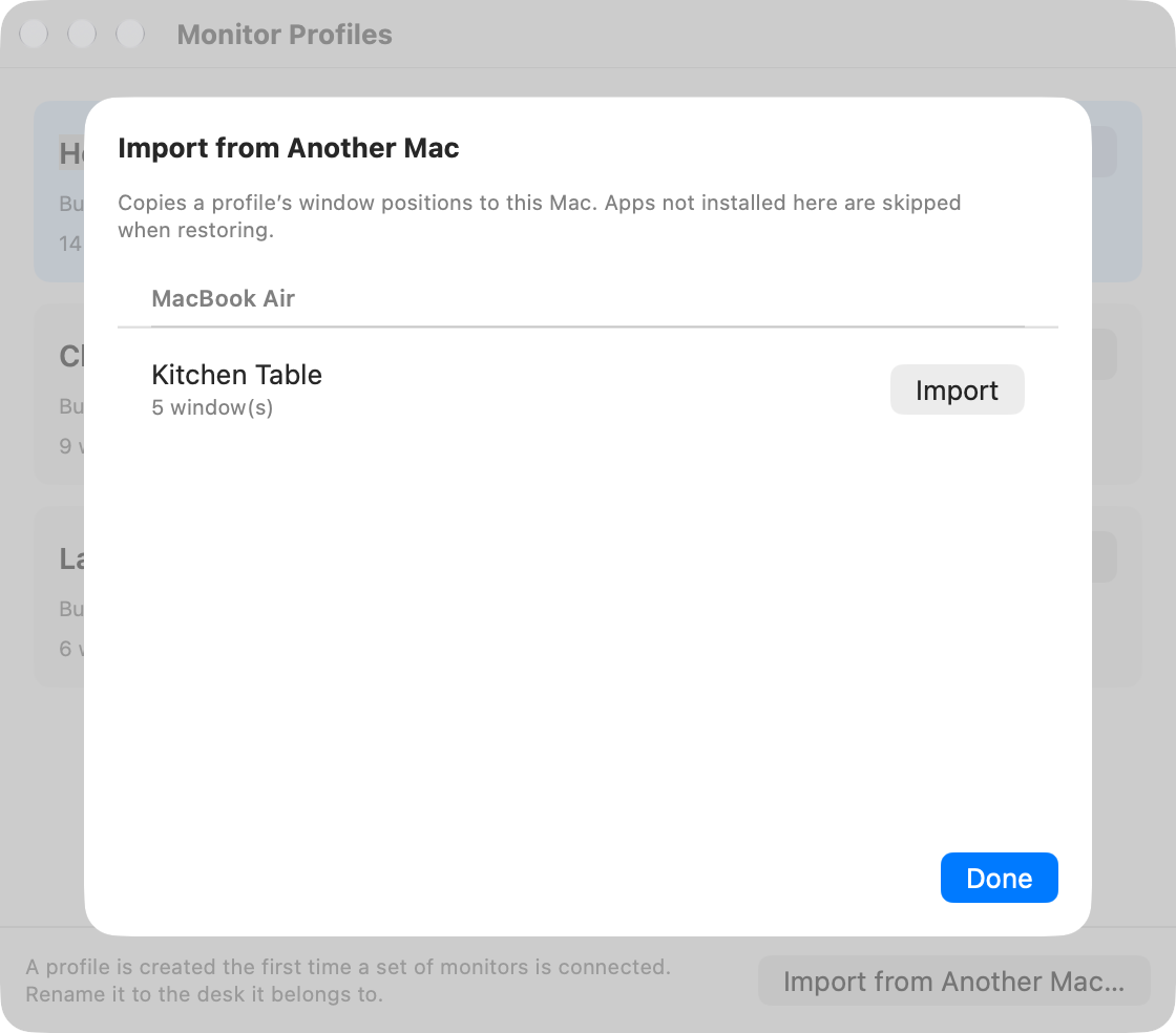 The Import from Another Mac sheet listing a profile called Kitchen Table saved by a MacBook Air, with an Import button