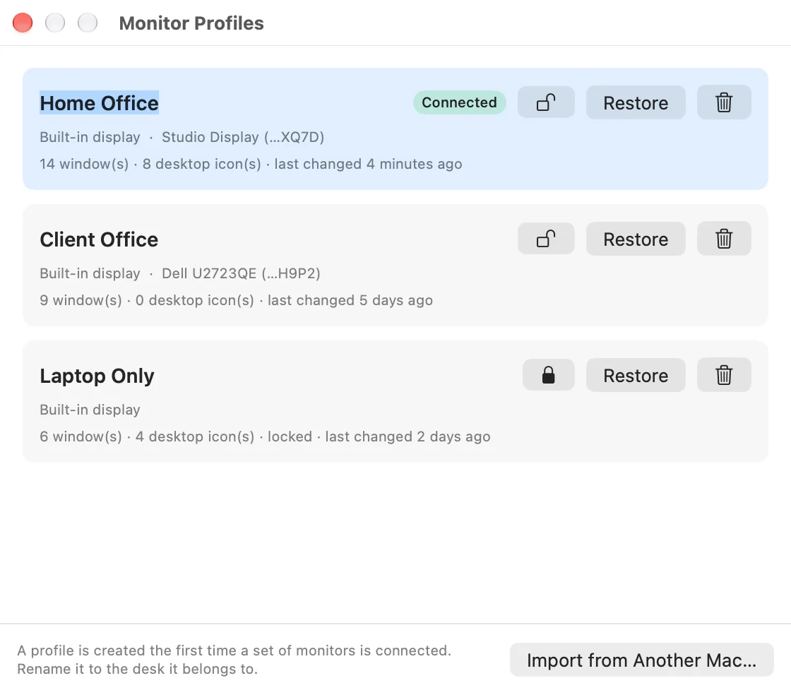 WindowKeeper Monitor Profiles window listing three desks: Home Office, which is connected, Client Office and a locked Laptop Only, each with its monitors, window count and desktop icon count