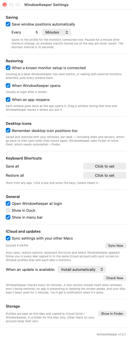 WindowKeeper Settings with saving, restoring, desktop icons, keyboard shortcuts, general options, iCloud sync and updates